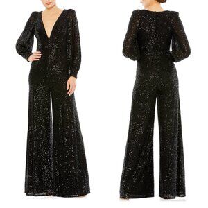 Mac Duggal Ieena Long Sleeve Wide-Leg Sequin Jumpsuit NWT in Black 2